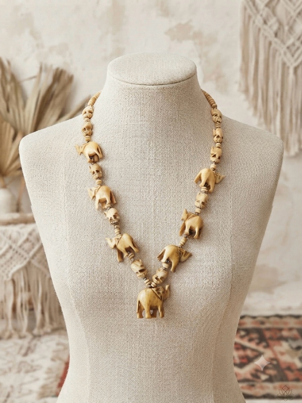 Vintage Carved Elephant and Natural Round Beads Necklace Boho Africa Tribal